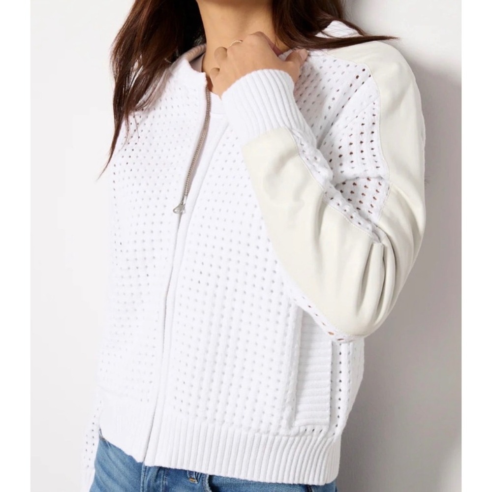 Evereve Harlow White Pointelle Open Knit Bomber Jacket Faux Leather Trim XS